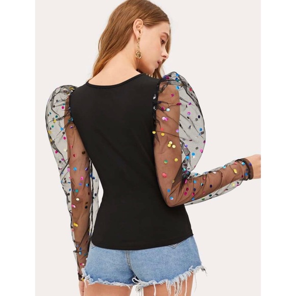 Black Mesh Shimmer Dots Gigot Sleeve Skinny Tee - Picture 3 of 6